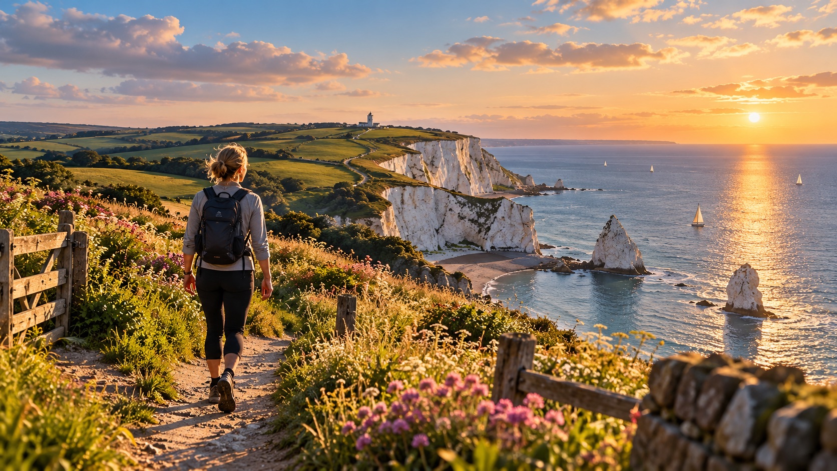 A walker on a clifftop path above white chalk cliffs and the sea at sunset